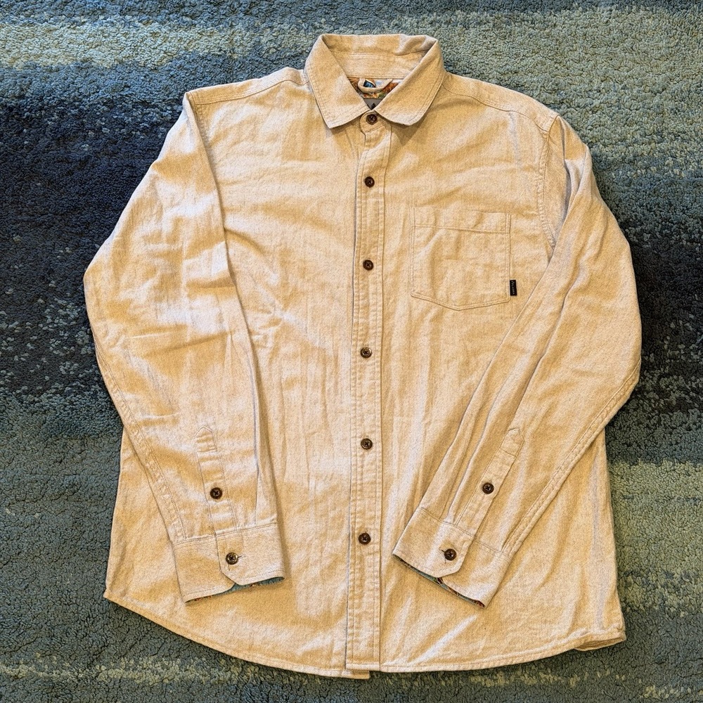 Pladra Mens Large Beige Cotton Fish Cuff Button Up Button Long Sleeve Shirt